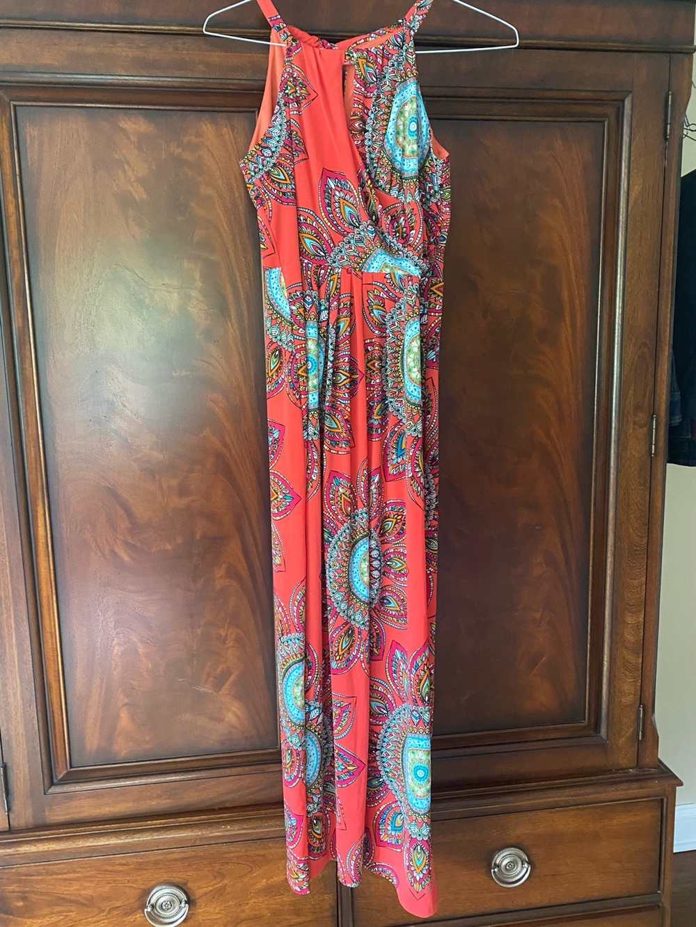 Valerie Bertinelli Coral Maxi Dress with Colorful Paisley Trim